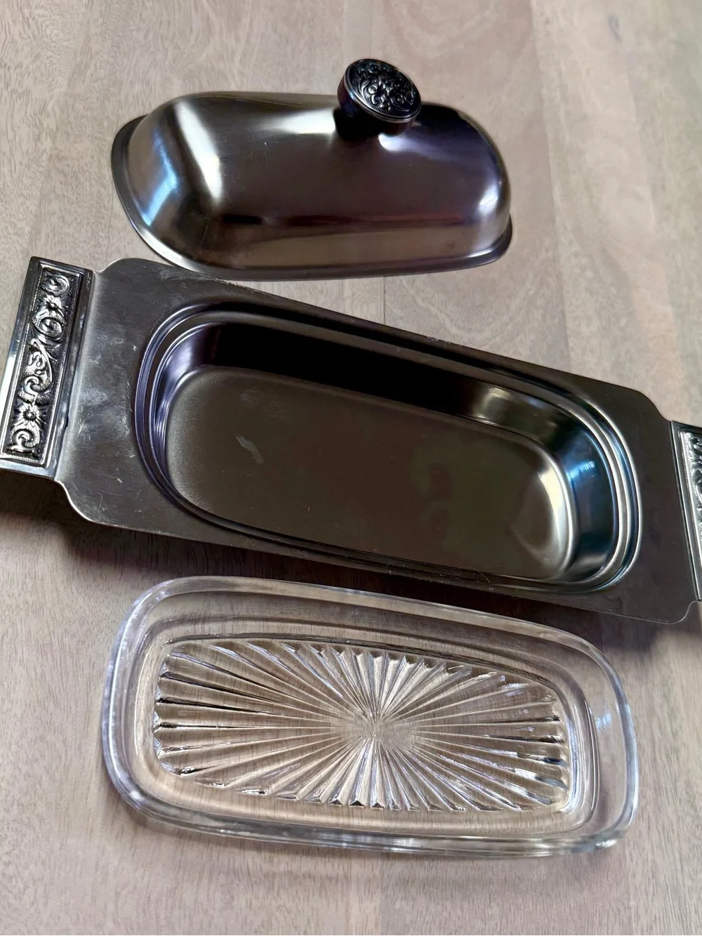 Vintage Mid-Century Stainless Steel Butter Dish with Glass Insert and Lid